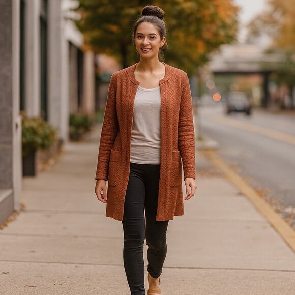Sioni ribbed orange long line cardigan pockets size M - Picture 1 of 7